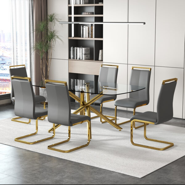 24bd0afaa6f84416a0f57f0ad7ae7bfb_20230717_2c118c33fe1058776d1c9709065e7a48 Large Modern Minimalist Rectangular Glass Dining Table for 6-8 with 0.39" Tempered Glass Tabletop and Golden Plated Metal Legs,for Kitchen Dining Living Meeting Room Banquet hall 71'' x 39'' x30''1537