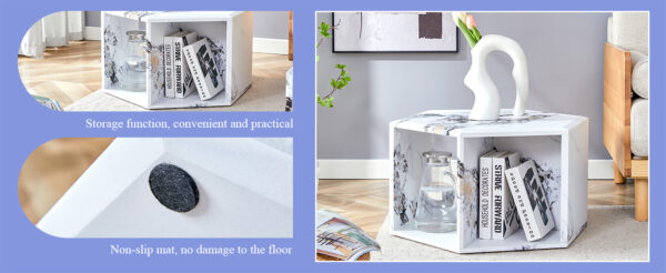 24cc6810340345f9a5d51aec652adadf_1bee00fb3c938d70448f650e3f1cb16f Hexagonal MDF coffee table, characteristic pattern stickers, multi-hole design to give more storage space, simple and convenient design makes it suitable for all kinds of style scenes.