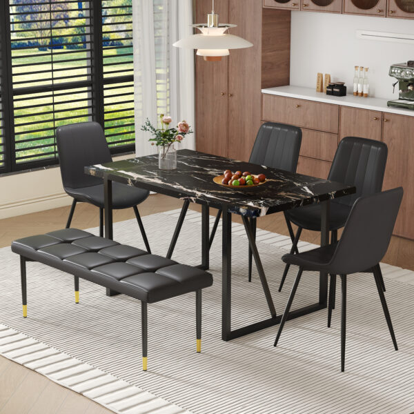 Table and chair set.Modern Black Marble Pattern MDF Dining Table Set - 55"x31.4" with 4 Extended Seat Cushion PU Dining Chairs and 1 Bench,A Choice of Subtle Luxury for Modern Homes.
