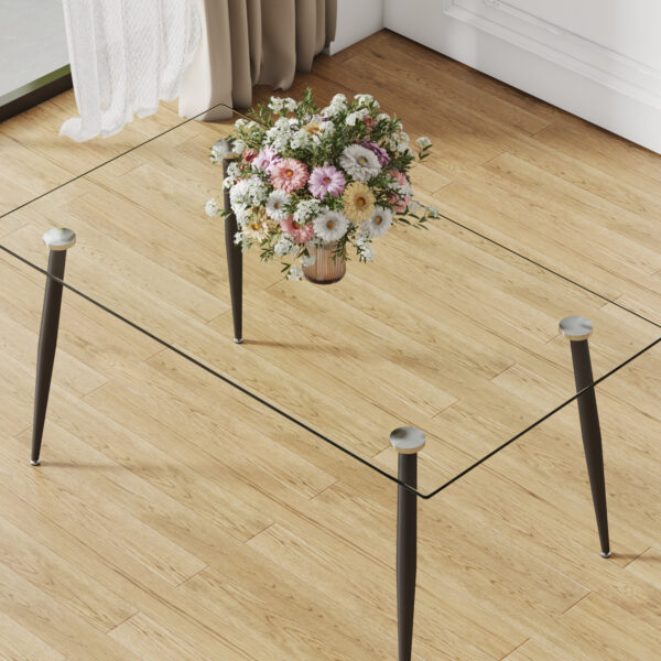 Modern rectangular glass dining table for 4-6 people with tempered glass top and black metal legs, writing desk for kitchen, dining room and living room.
