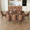 Table and chair set.Industrial Style Walnut-Colored Rectangular Dining Table - 71"x39.3" Large Size.Paired with 8 Brown Suede Chairs.Brown armless dining chair,Suitable for kitchen,Dining room,etc.