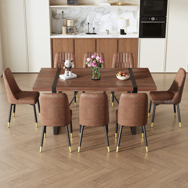 25278a74882246dbb9d1b2998565def2_e8db5346a37428507bc0249022b8eb36 Table and chair set.Industrial Style Walnut-Colored Rectangular Dining Table - 71"x39.3" Large Size.Paired with 8 Brown Suede Chairs.Brown armless dining chair,Suitable for kitchen,Dining room,etc.