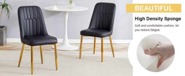 253fe96b1aac4ea48d13cd7a443cdbed_bb14acf82ee5d5a001be634f6cf78e9b Table and chair set.63"x31.5x30" Luxurious Pandora patterned Sintered Stone Tabletop with Golden Stainless Steel Butterfly Legs.Paried With 4 Black PU Chairs with Simple Line Designs On The Backrest.
