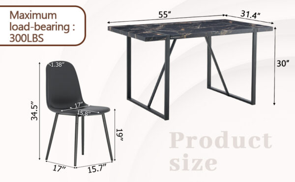 2543cc790c884188a873e34453a68453_f2690590f75305fca52c967e7b31eabd Table and chair set.Modern Black Marble Pattern MDF Dining Set - 55"x31.4" with 4 Cat Claw PU Chairs.Modern Mid-Century Style Upholstered Side Chairs,Spoon Shaped Chairs.Four Chairs per Box.