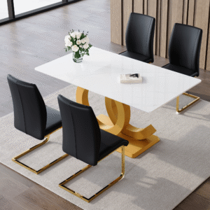 Table and chair set.Subtle Luxury Tempered Glass Dining Set - 63"x35.4" with 4 Black PU Material High Resilience Dining Chairs.Arched Metal Gold Leg.White imitation marble texture sticker Tabletop.