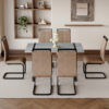 Table and chair set. Modern minimalist grey marble textured MDF dining table with metal frame.Paired with 6 brown technology fabric chairs with Featuring arched black legs.