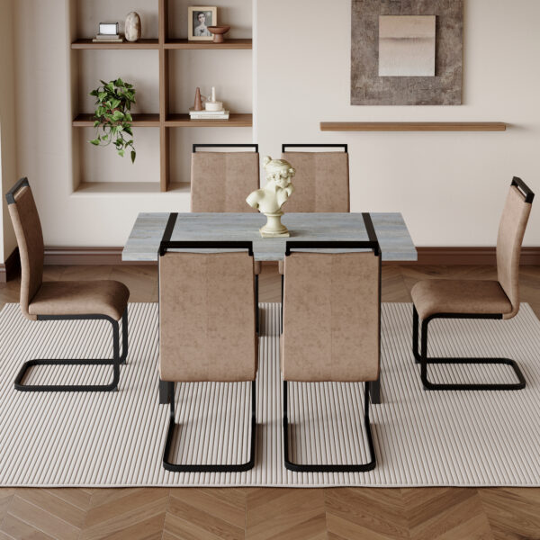 254b580a629b4efd83658d6da71f4d1a_1d7c1808ffa1e22bc3b37a0901ac3ecd Table and chair set. Modern minimalist grey marble textured MDF dining table with metal frame.Paired with 6 brown technology fabric chairs with Featuring arched black legs.
