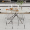 Table and chair set.Modern Luxurious white Marble-Patterned Tempered Glass Dining Table with 6 Transparent Plastic Chairs with silver legs.Single fork silver metal table legs.