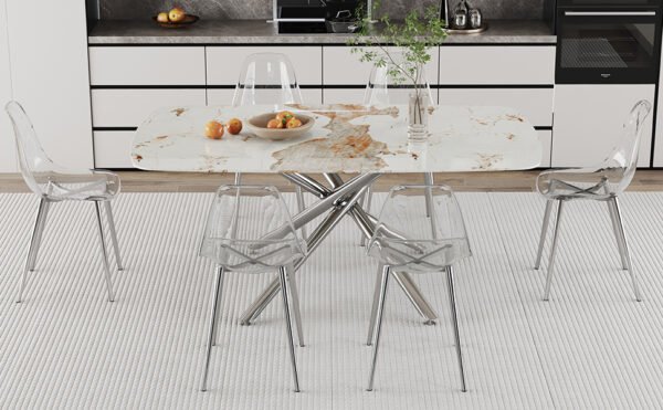 2562495dcd8f41138b07480be8a62699_c07068b456230f08c8890dd1160b4706 Table and chair set.Modern Luxurious white Marble-Patterned Tempered Glass Dining Table with 6 Transparent Plastic Chairs with silver legs.Single fork silver metal table legs.
