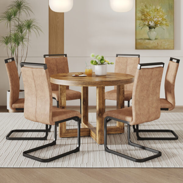 256ecffb5e4c4b12aae6d4ca0c001037_20240222_a47cfbcfdc272686407596d1bbe228c8 A modern and practical circular dining table. Made of MDF tabletop and wooden MDF table legs. 6-piece technology cloth high backrest cushion side chair, C-shaped tube black metal legs. CT-403 C-1162