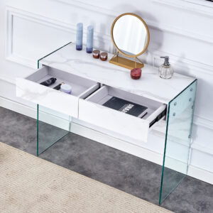 White environmental protection MDF minimalist dresser, desk, desktop computer desk, with double drawer storage space, simple home, perfect for various styles of home environment.