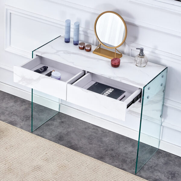 White environmental protection MDF minimalist dresser, desk, desktop computer desk, with double drawer storage space, simple home, perfect for various styles of home environment.