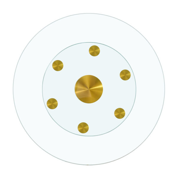 2582b808d2eb4e418321339425d21cf6_536d33eab6dfe9edc8f2f5ab4be4a0be Double layer rotatable round glass.Golden aluminum plate,The rotatable design makes it convenient to retrieve and place items.The upper glass has a diameter of 24 inches, the lower glass15 inches.