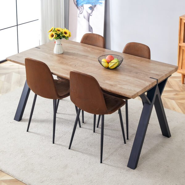 25879b350e624c1988ede700a5c9cee6_977c1286c84535a347f06c3059d88dd1 Table and chair set.63"x35.4" Wood-Textured MDF Dining Table with Black A-Frame Legs.Paired with 4 Brown Technology Fabric Round Corner Dining Chair.Density Board Sticker,Iron Pipe Spraying,