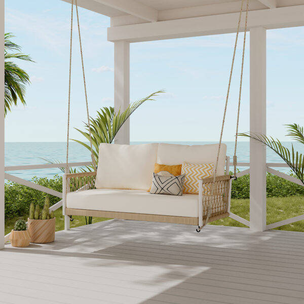 TREXM 1-Piece Woven Rope Outdoor Swing Sofa with Soft Cushions Seating 2 for Patio, Courtyard and Balcony (Beige)