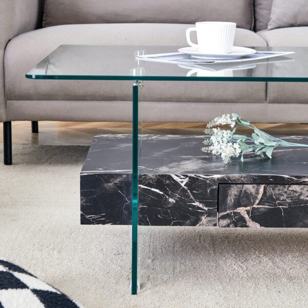 25aa0ff648994b8f80e034a89a44e9ca_a3fcb1244b1499b9bb329a0c9b57160c 43.3 Inch Modern Two-Tier Coffee Table - Clear Tempered Glass and Black Marble Texture, Multifunctional Storage Design.The bottom tier includes a drawer.Can be used as a coffee table,side table,etc.