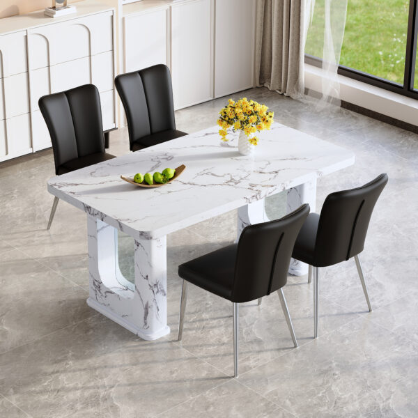 25b3221f8cc14359bc2895d7bfba0f74_b52221120f42b89865a656a96e481cb8 Table and chair set.64.5x35.4 Inch Stylish White Marble Textured Dining Table.Paried With 4 Black PU Chairs with a vertical stripe design on the backrest.Create Your Exclusive Low-Key Luxury Space.