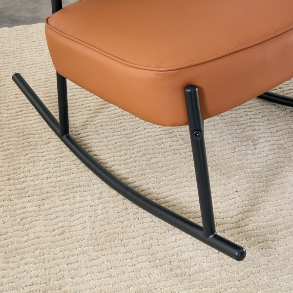 PU material cushioned rocking chair, unique rocking chair, cushioned seat, brown backrest rocking chair, black metal legs. Comfortable side chairs in the living room, bedroom, and office