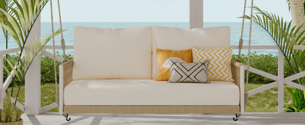 TREXM 1-Piece Woven Rope Outdoor Swing Sofa with Soft Cushions Seating 2 for Patio, Courtyard and Balcony (Beige)