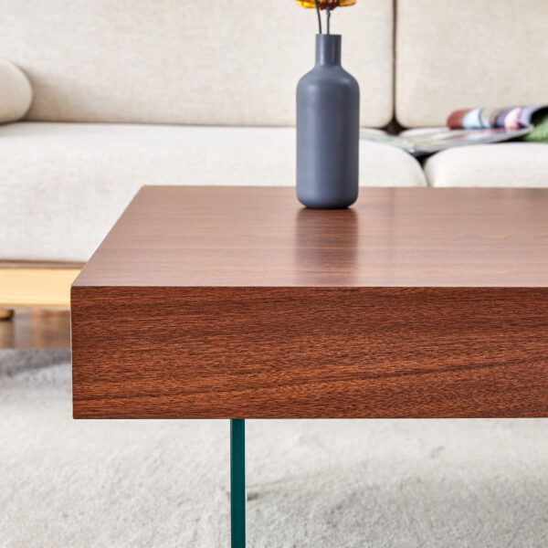 25d8fdc3deb44b7f967c971d810069db_c770ae2558e43d3ec0b623ed792e61c2 Walnut Colored Square MDF Coffee Table - 31.5"x31.5" with Tempered Glass Legs.Density Board Sticker,Reinforced Glass Legs.Walnut Colored Texture Sticker.