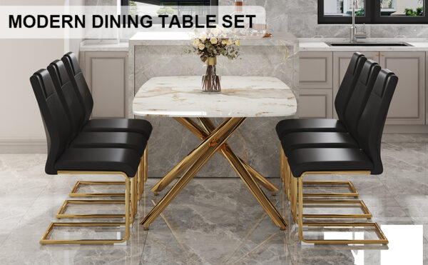 25dcd2d3d6e64c8b98fe97deed7e1236_4e8b19779f2ed6e40c357dc82682bc88 Table and chair set, large modern minimalist rectangular dining table, 0.39-inch imitation marble tabletop and golden metal legs, soft leather seats. F-1537