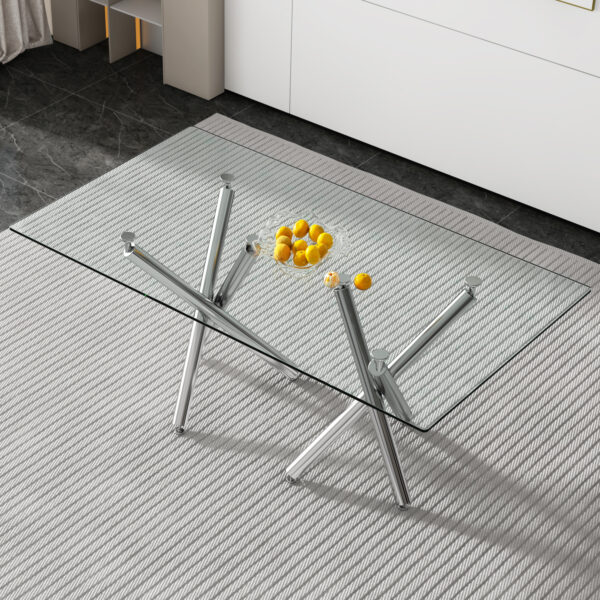 25f569ae6fbc4ab49bd188a59605d458_6b012482dbe66804f8b57181b9e4c0d1 Large Modern Rectangular Glass Dining Table for 6-8 with 0.39" Tempered Glass Tabletop and Silver Chrome Metal Legs, for Kitchen.Tempered Glass Tabletop,Double Fork Metal Legs.W1151S03321
