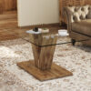 A modern minimalist style coffee table. Transparent tempered glass tabletop with wooden MDF columns. Suitable for living room and dining room.  CT-V