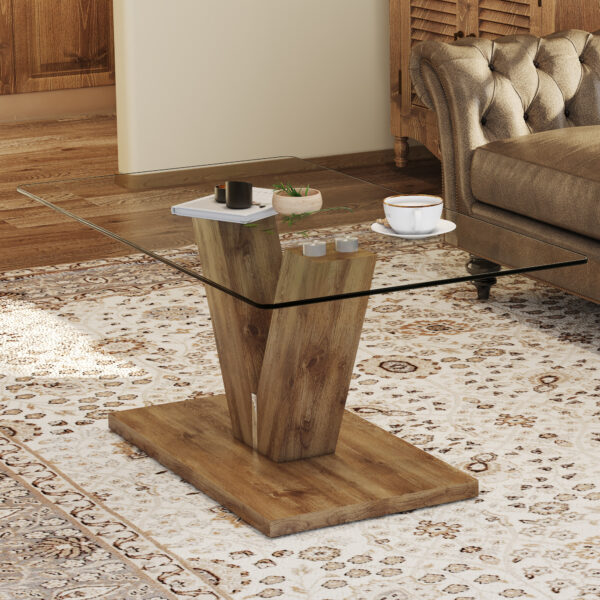 260c9836acc74622a188f94d89aca529_20240321_14442523a8110298c29a68298e111467 A modern minimalist style coffee table. Transparent tempered glass tabletop with wooden MDF columns. Suitable for living room and dining room. CT-V