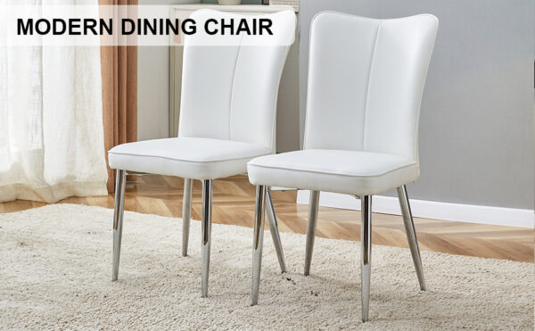 2625247253ca4cb1a96bd6f9a1e24bf5_20231018_01d943c99865d70ddebb8a3dd2ad32c0 Modern minimalist dining chairs, office chairs. 2-piece set of white PU seats with silver metal legs. Suitable for restaurants, living rooms, and offices.W1151116745