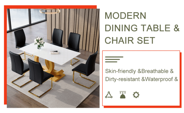 263589fbf8944c7d82303b50e667dfad_e55829a11aa7297b21381e3f3c732e01 Table and chair set.Subtle Luxury Tempered Glass Dining Set - 63"x35.4" with 6 Black PU Material High Resilience Dining Chairs.Arched Metal Gold Leg.White imitation marble texture sticker Tabletop.