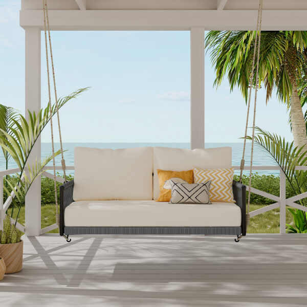 TREXM 1-Piece Woven Rope Outdoor Swing Sofa with Soft Cushions Seating 2 for Patio, Courtyard and Balcony (Beige)