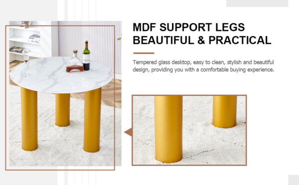 Table and chair set, round table with white marble pattern, gold MDF table legs, soft and comfortable dining chair, suitable for kitchen and living room