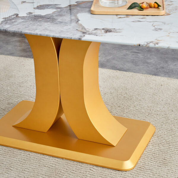 Table and chair set.71"x35.4"x30" Luxurious Pandora Patterned Glass Dining Tabletop with Golden Back To Back C-Shaped MDF Legs.Paried With 8 Black High-quality PU Chairs With Arched Metal Legs.