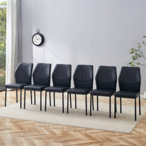 Luxury Simple Chair - Set of 6 BLACK PU Material High Resilience Dining Chair with Metal Black Leg.The Chair Back Has a Vertical Stripe Design With Smooth And Uniform Lines.