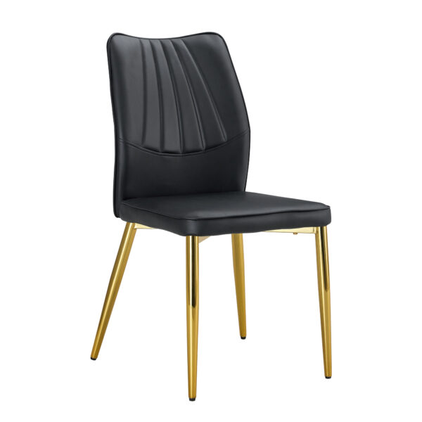 2674f6e7283b421ba98552e6965509da_20240205_e19f0abc5e5b40b43895b2f6ff8973f3 Four black dining chairs. A medieval modern chair made of PU material with soft cushions, equipped with golden metal legs. Suitable for restaurants and living rooms