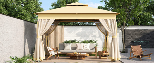 TREXM 10x12 Outdoor Gazebo Tent with Double Roofs, Patio Gazebo with Mosquito Netting, Patio Canopy for Backyard, Garden, Lawn and Deck (Beige)