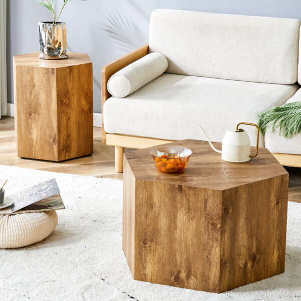 267cbf394a7b49ec8a9e3152fb57d658_4008da6ddc38d9ef98aa0fcc122e0875 Modern Minimalist Set of Two Hexagonal Wood-Grain MDF Coffee Tables.Modern MDF coffee table, with complex texture patterns, style and texture coffee table to redefine your interior decoration.
