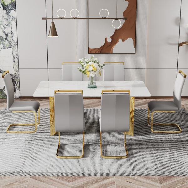 26cb3a17a9754e2598dbe23dbffdd4f7_20231122_3856532dc63c8f1685e11da14d017875 Modern minimalist dining table. The white imitation marble glass desktop is equipped with golden metal legs. Suitable for restaurants and living rooms 71 "* 39.3" * 29.5 "DT-69