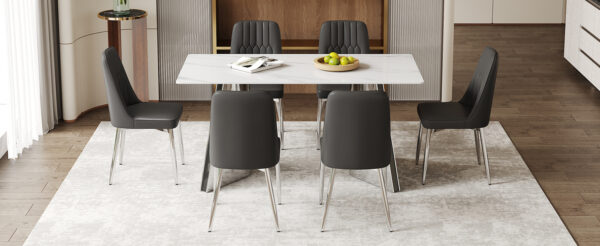 26dd0b2619ee446da7692c0f112f1492_e3d6b1c88897eee7f8c21fb729cd493d Table and chair set.63"x31.5x30" Luxurious Snow Mountain Patterned Sintered Stone Table with Silver Metal Butterfly Legs.Paired With 6 Black Chairs With Silver Metal Legs.Modern Light Luxury.