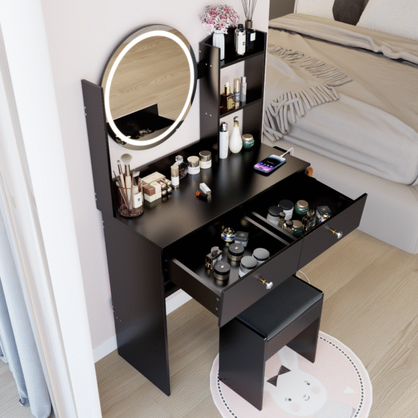 17" Round LED Mirror Vanity Table+Cushioned Stool, Equipped With 2 AC+2 USB Power Socket, Big Mirror, Touch Switch, 3 Colors, Adjustable Brightness, Large Desktop, Multi-layer High Capacity Storage