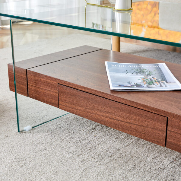 43.3 Inch Modern Two-Tier Coffee Table - Clear Tempered Glass and Dark Wood Grain, Multifunctional Storage Design.The bottom tier includes a drawer.Can be used as a coffee table,side table,etc.