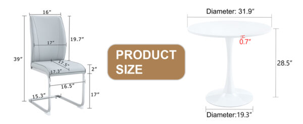 2709b227e02c4001bcf4d2ef5c9420aa_e1826c4d6dc31739f8ef7ba9db3a5a07 Table and chair set.Hourglass-Shaped Stable Small Round Table -31.9" * 31.9" With 2 Soft and Comfortable Light Gray PU Chair With Arched Metal Silver Leg.Create Your Exclusive Low-Key Luxury Space.