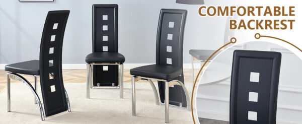 273ae1ec8c614783abe629e9b0155c31_180cd5966a3981733d4ce3385f120018 Table and chair set.63"*35.4" White Imitation Marble Pattern MDF Dining Table Set - 4 PU Chair With Black Saddleback, Geometric Pattern Backrest,Silver Curved Metal Leg..Suitable For Various Scenes.