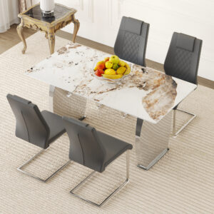 Table and chair set.63*31.4 Inch Pandora Patterned Sintered Stone Dining Table Set - 4 Dark Gray Chairs With Silver Metal Legs.Modern Light Luxury.Perfect For Dinner Room,Meeting Room,Kitchen,etc.