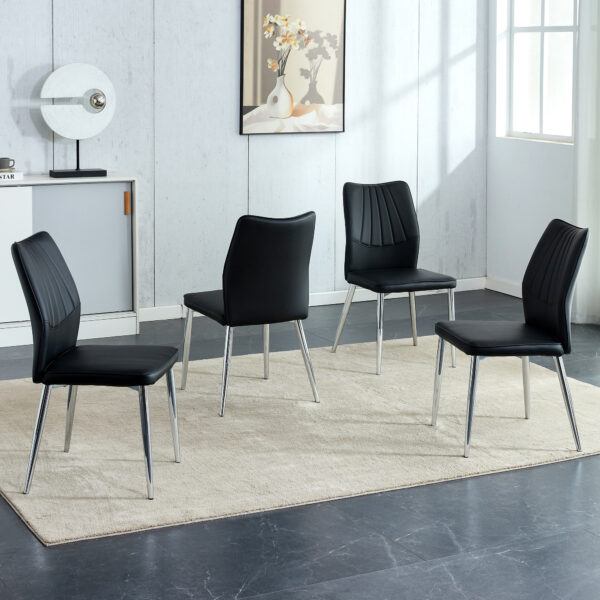 27492ad7ca344ce3b208aab74caaf965_20240205_aa0268e075da67f4d849120ebee9bb21 Four black dining chairs. Modern chairs from the Middle Ages. Made of PU material cushion and silver metal legs. Suitable for restaurants and living rooms C-009
