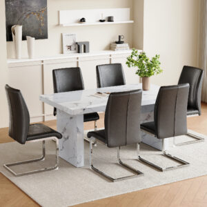 Table and chair set.63"*35.4" White Imitation Marble Pattern MDF Dining Table Set - 6 Soft and Comfortable Dark Gray PU Chair With Arched Metal Silver Leg.Create Your Exclusive Low-Key Luxury Space.