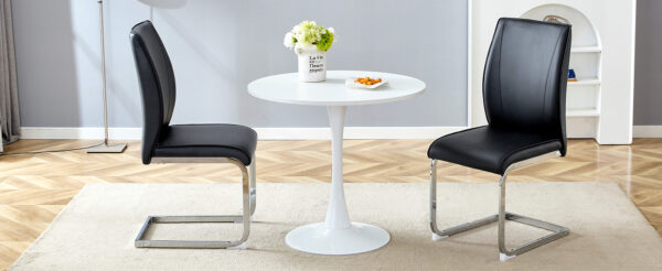 277110d0e29846439d43353be38e4798_2d90921318ca97260d414a44f3e62fdc Table and chair set.Hourglass-Shaped Stable Small Round Table -31.9" * 31.9" With 2 Soft and Comfortable Black PU Chair With Arched Metal Silver Leg.Create Your Exclusive Low-Key Luxury Space.