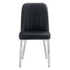 8 modern dining chairs, sleek PU backrest, and silver metal legs bring a comfortable home experience to the kitchen, bedroom, and office.Black PU Chairs with Simple Line Designs On The Backrest.
