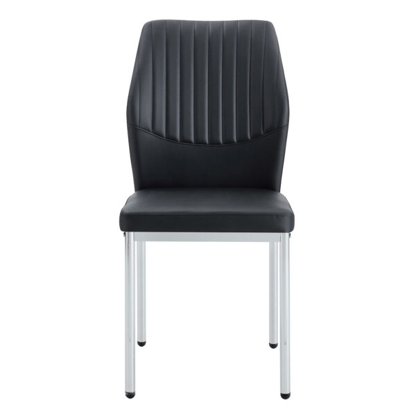27738b66a68b404c88cdad7e406d0d8c_086e166fb669b7e009c9e464145e7c3a Luxury Simple Chair - Set of 6 BLACK PU Material High Resilience Dining Chair with Metal Silver Leg.The Chair Back Has a Vertical Stripe Design With Smooth And Uniform Lines.