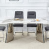 Table and chair set.63"x31.5x30" Luxurious Pandora patterned Sintered Stone Tabletop with Silver Stainless Steel Butterfly Legs.Paried With 4 Dark Gray High-quality PU Chairs With Arched Metal Legs.